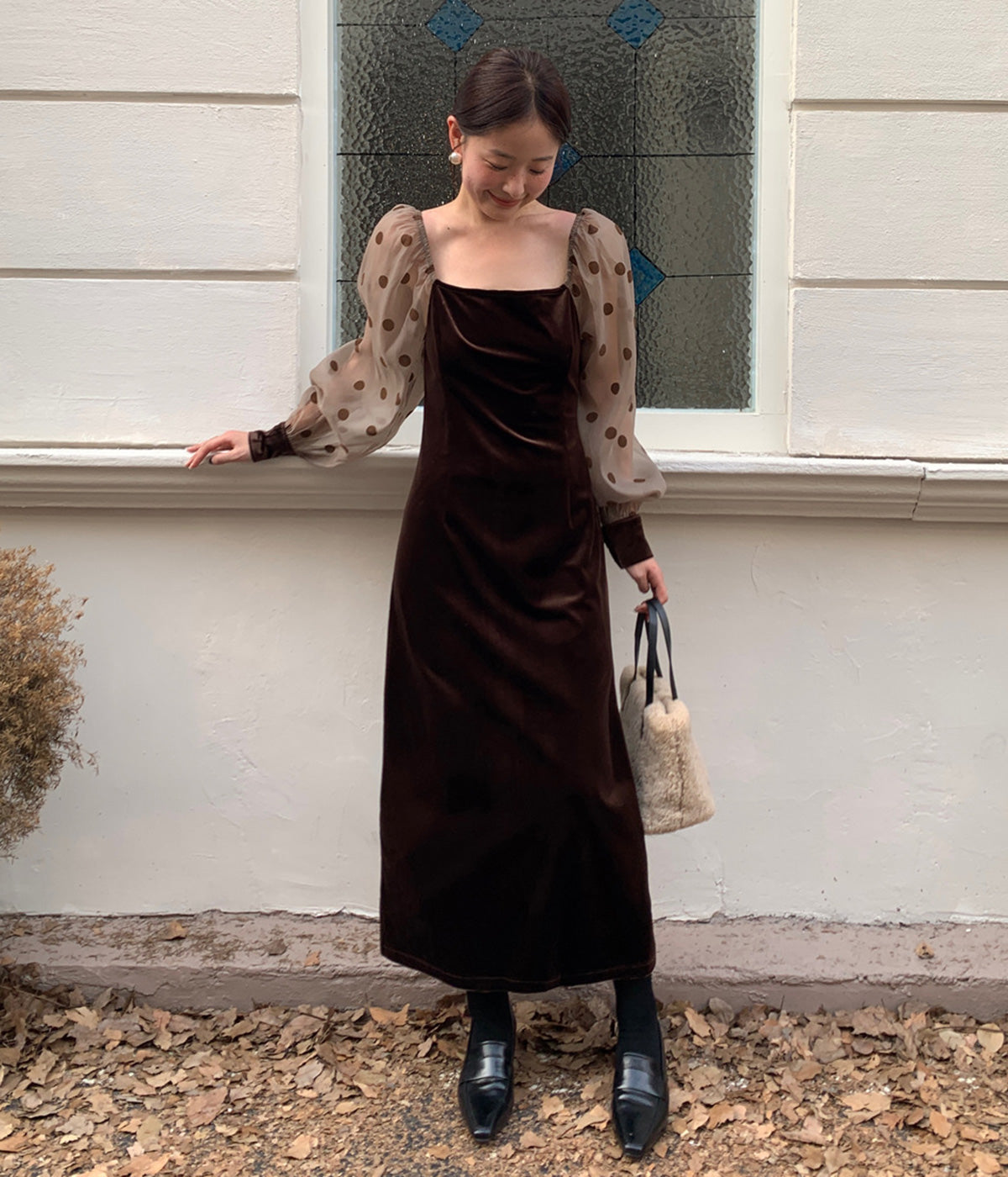 Luluana ドットシアースリーブスクエアネックワンピース - Black